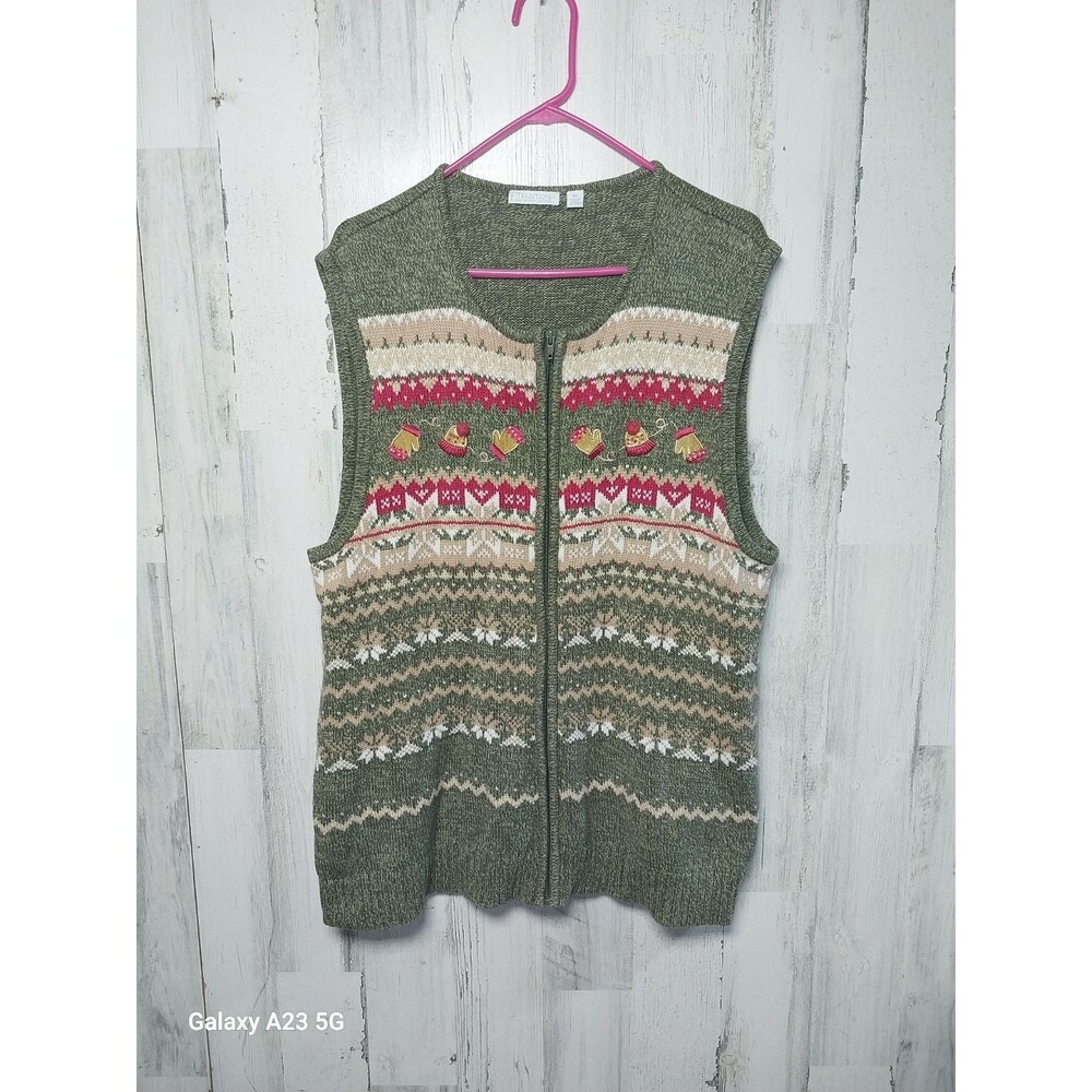 Traditions Women's 3X Green Knit Zip Up Holiday Sweater Vest